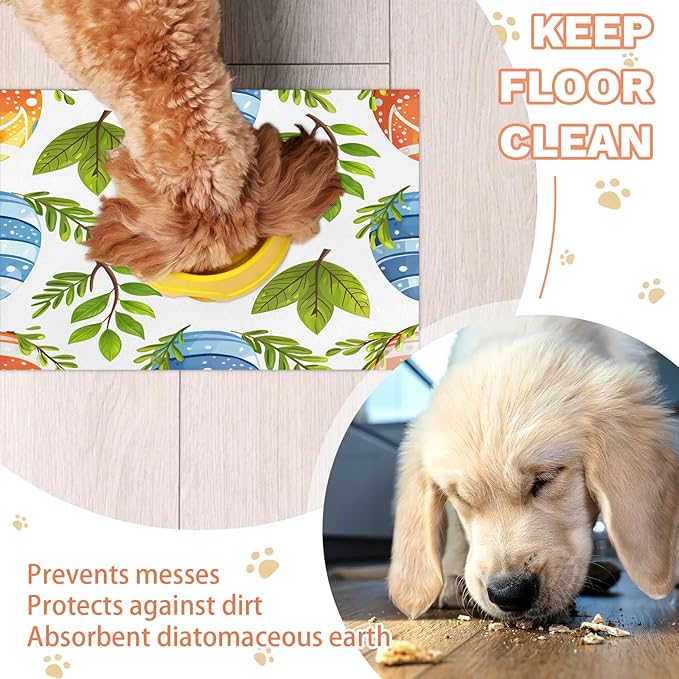 Happy Easter Dog Food Mat for Floors Absorbent Dog Bowl Mat for Food and Water Dispenser Quick Dry Cat Food Placemat Pet Supplies 12" x 20", Green Plant