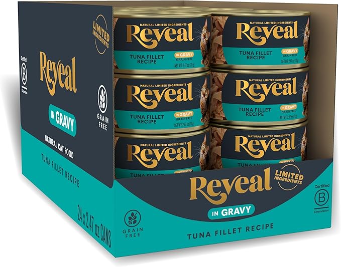 Reveal Natural Wet Canned Cat Food, Limited and Natural Ingredients, Grain Free, High Protein with No Artificial Additives, Tuna in Gravy (24 x 2.47 oz Cans)