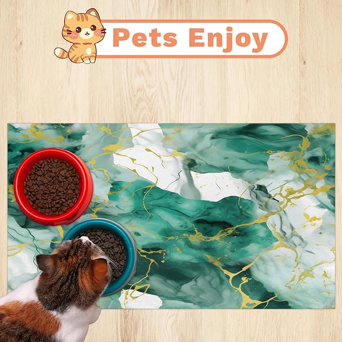 Marble Dog Food Mat for Floors Absorbent, Quick Dry Water Dispenser Mat for Food, Water, Pet Supplies 16" x 24", Green Gold Abstract
