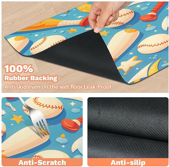 Baseball Dog Food Mat for Floors Absorbent, Quick Dry Water Dispenser Mat for Food, Water, Pet Supplies 12" x 20", Sports Ball