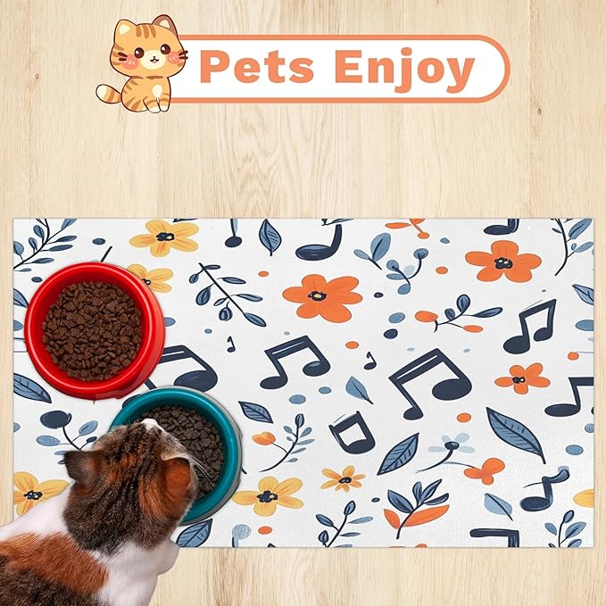 Music Note Dog Food Mat for Floors Absorbent Dog Bowl Mat for Food and Water Dispenser Quick Dry Cat Food Placemat Pet Supplies 24" x 32", Boho Flower