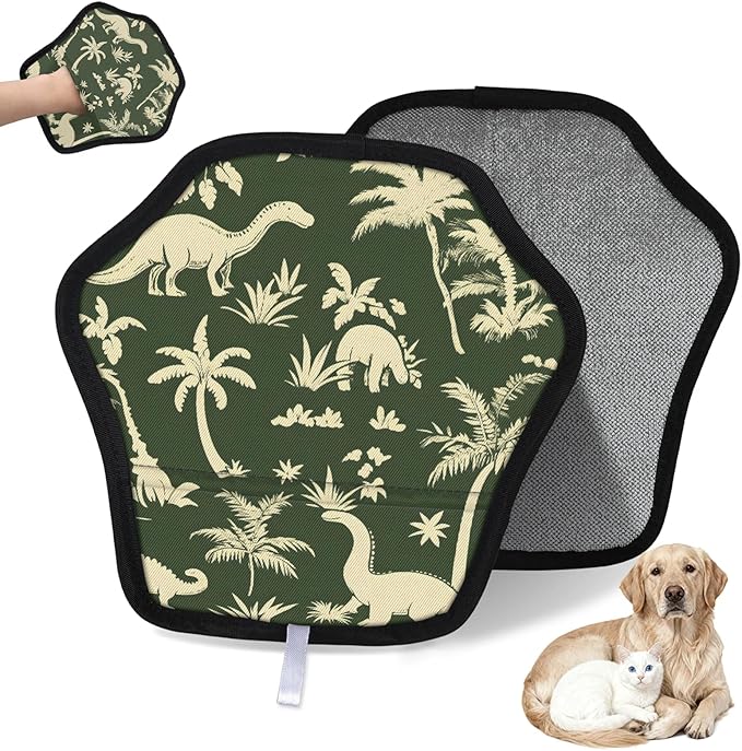 Palm Tree Dinosaur Electrostatic Pet Hair Removal Glove for Cats & Dogs - Reusable Grooming Mitt for Couch, Carpet, Car Seat & Laundry - Large 9x9 Inch