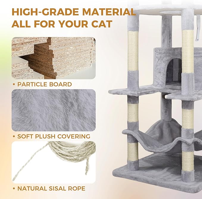 78.8 Inches Cat Tower for Indoor Cats, Cute Cat Tree with Cozy Condo, Platform, Hammock, Sisal Scratch Board and Interactive Toy (Light Gray)