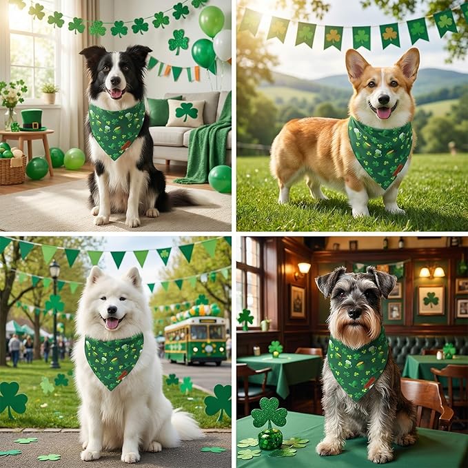 PTDECOR St. Patrick's Day Dog Bandana, Irish Lucky Pet Scarf, Premium Durable Fabric, Green Shamrock Hat Pet Bandanas for Medium Large Dogs Pets (Large)