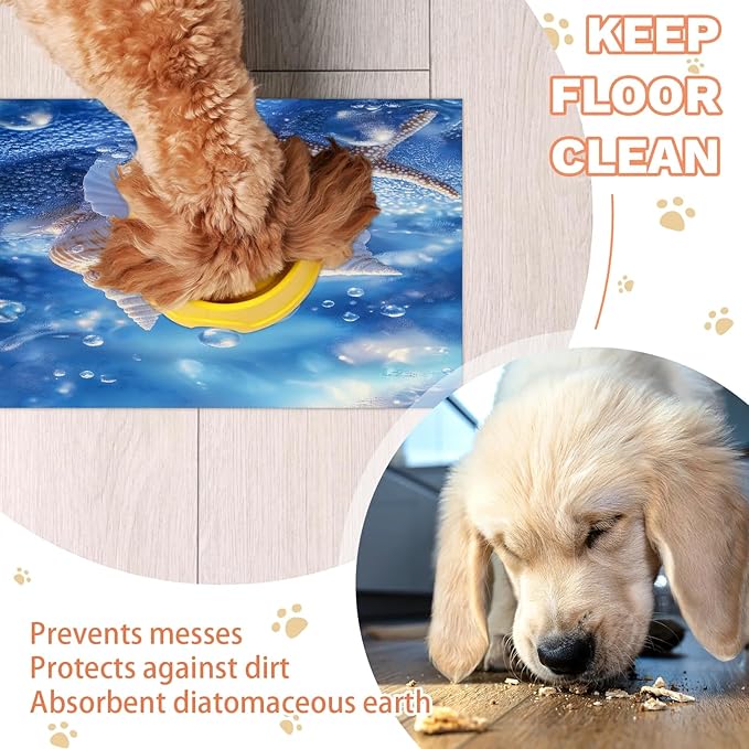 Ocean Beach Dog Food Mat for Floors Absorbent Dog Bowl Mat for Food and Water Dispenser Quick Dry Cat Food Placemat Pet Supplies 12" x 20", Starfish Seashells