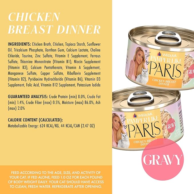 Weruva Paris Hilton Pamper Like Paris Natural Grain Free Wet Cat Food, Chicken Breast in Gravy, 2.47oz Can (Pack of 12)
