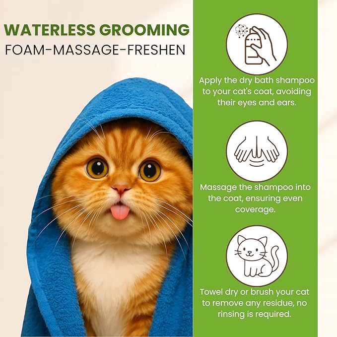 Waterless Cat Shampoo - Dry Shampoo for Cats - No Rinse Cat Shampoo - Tick, Flea & Itch Relief - Detangling Foam - Coconut & Aloe - Cat Waterless Bath 5.07 floz