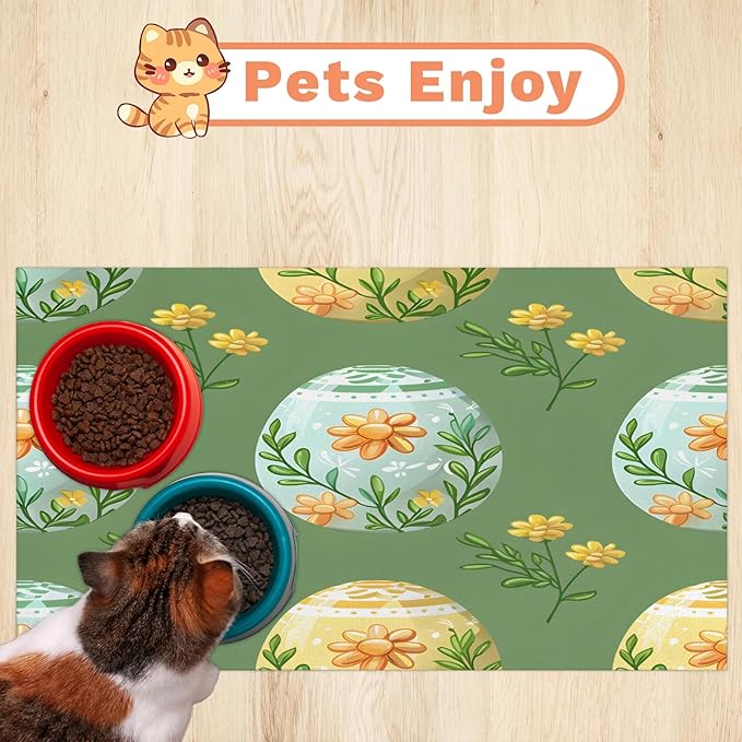 Happy Easter Dog Food Mat for Floors Absorbent Dog Bowl Mat for Food and Water Dispenser Quick Dry Cat Food Placemat Pet Supplies 12" x 20", Floral Eggs