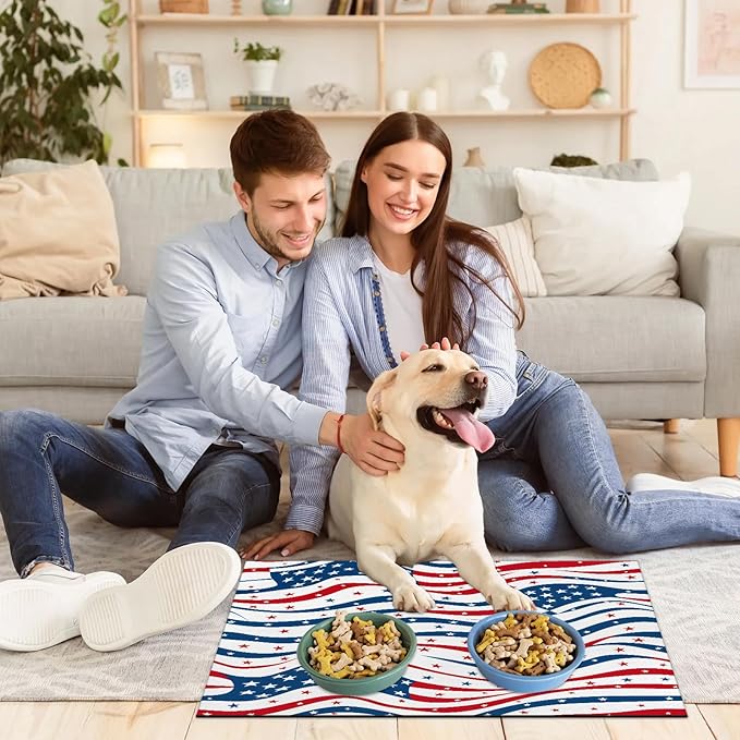4th of July Dog Food Mat for Floors Absorbent Dog Bowl Mat for Food and Water Dispenser Quick Dry Cat Food Placemat Pet Supplies 17" x 30", American Stars