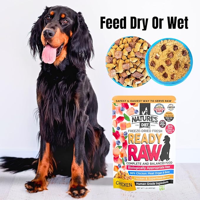 Nature's Diet Ready Raw : Freeze-Dried Raw Dog Food, Chicken, Human Grade, High Pressure Pasteurized (HPP), 96% Meat, Organ, Bone, Safe & Natural, Dry or Wet Feeding