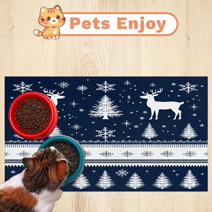 Christmas Tree Deer Snowflake Dog Food Mat for Floors Absorbent, Quick Dry Water Dispenser Mat for Food, Water, Pet Supplies 24" x 32",