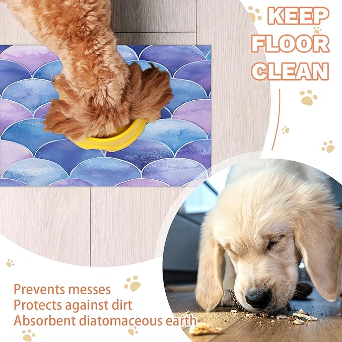 Mermaid Scales Dog Food Mat for Floors Absorbent Dog Bowl Mat for Food and Water Dispenser Quick Dry Cat Food Placemat Pet Supplies 17" x 30", Blue Purple Ocean