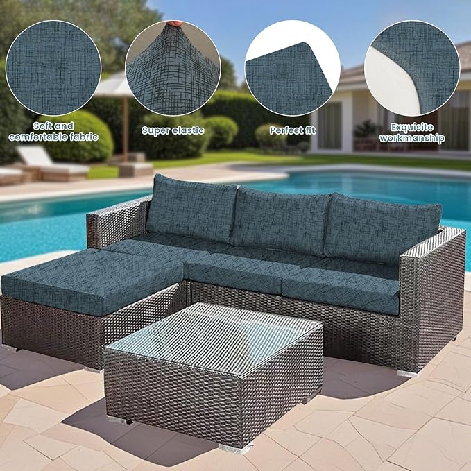 HANDONTIME 8Pcs Patio Cushion Covers Stretch Outdoor Couch Cover Replacement Cushions for Outdoor Furniture Waterproof Patio Furniture Covers for Pets Sofa Cover Washable (Navy Striped,Cover Only)