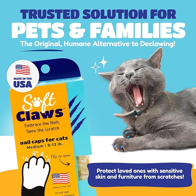 Soft Claws Cat Nail Caps for Medium Cats – (40 Caps, Green) - Made in USA - Veterinarian-Developed | Protects Furniture & Skin - Easy to Apply, Long-Lasting Anti-Scratch Soft Cat Claw Covers