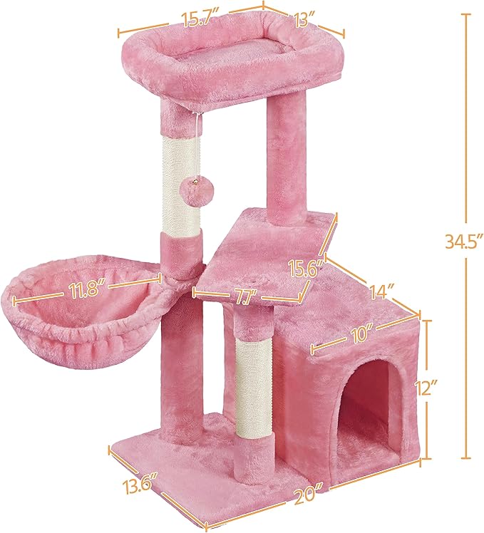 Yaheetech 34.5in Scratching Post, Cat Scratchers for Indoor Cats and Kittens, Multifunctional Activity Post w/Sisal Rope＆Dangling Ball＆Large Condo, Pink
