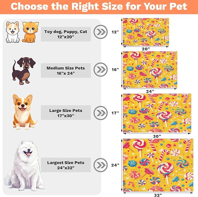 Lollipop Dog Food Mat for Floors Absorbent Dog Bowl Mat for Food and Water Dispenser Quick Dry Cat Food Placemat Pet Supplies 17" x 30", Colorful Candy