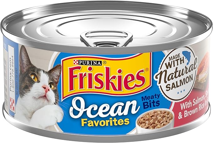 Purina Friskies Natural Wet Cat Food, Ocean Favorites Meaty Bits With Salmon, Shrimp & Brown Rice - (Pack of 24) 5.5 oz. Cans
