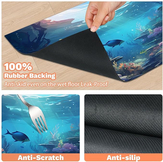 Ocean Sea Dog Food Mat for Floors Absorbent, Quick Dry Water Dispenser Mat for Food, Water, Pet Supplies 24" x 32", Underwater