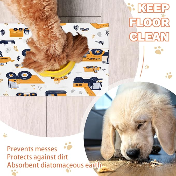 Truck Dog Food Mat for Floors Absorbent, Quick Dry Water Dispenser Mat for Food, Water, Pet Supplies 17" x 30", Cartoon Vehicle