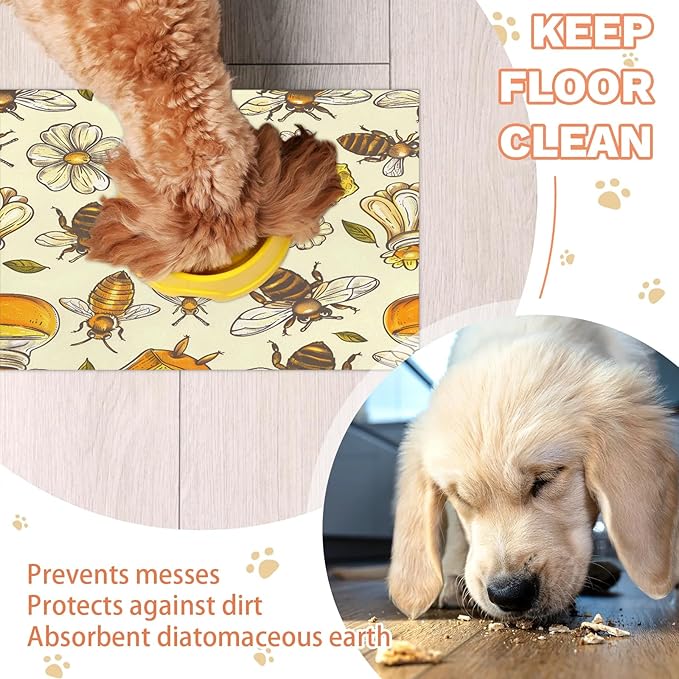 Honey Bee Dog Food Mat for Floors Absorbent, Quick Dry Water Dispenser Mat for Food, Water, Pet Supplies 24" x 32", Daisy Flower