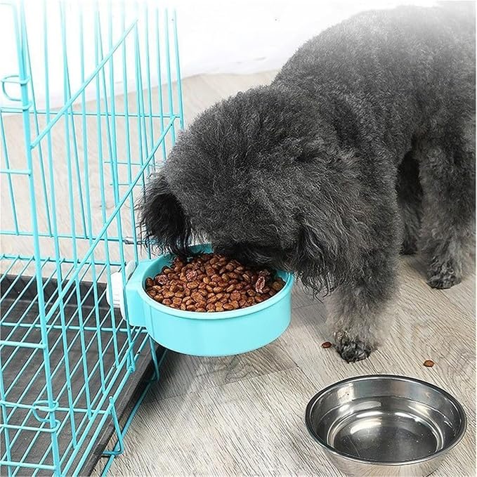 Pet Hanging Stainless Steel Dog Bowl Cat Bowl Food Bowl Anti-Tip Cage Mounted Water Bowl Fence Pet Supplies(Green,Large)