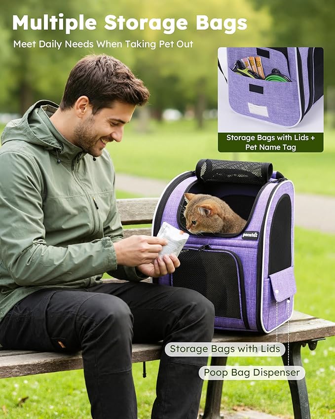 Pecute Cat Backpack Carrier Expandable, Pet Backpack for Cats & Small Dogs Up to 11lbs, with 4-Side Breathable Mesh, Multi-Entry & Lockable Zippers for Travel, Hiking, Camping - Hands Free, Purple