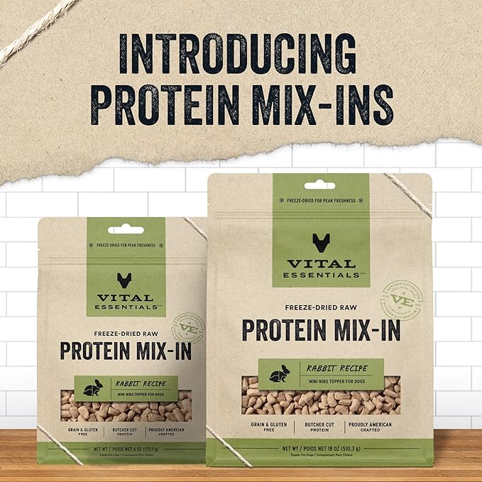 Vital Essentials Freeze Dried Raw Dog Food Topper, Rabbit Mini Nibs Topper for Dogs | High Protein, Low Carb, Grain Free, Dry Dog Food Topper | 18 oz