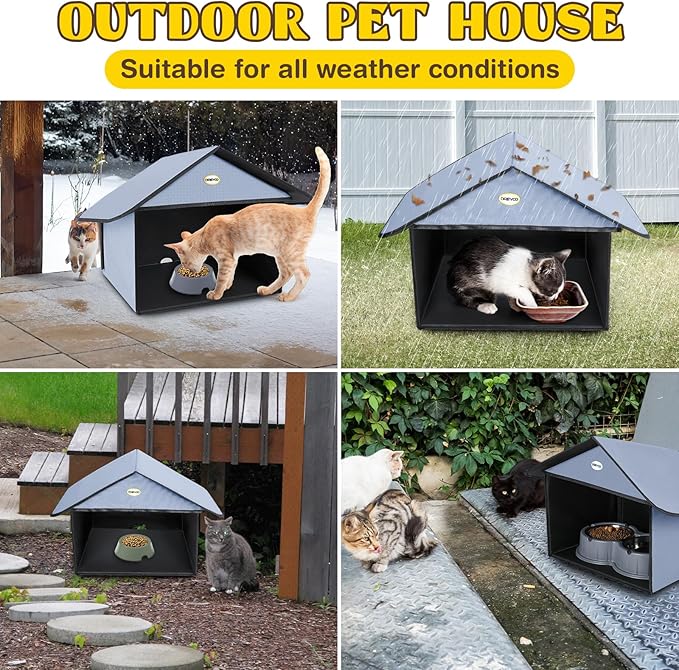 Dreyoo Outdoor Cat Feeding Station for Food & Water, Weatherproof Outdoor Kitty Dining Room Cat Shelter for Stray, Feral Cats and Community Cats, 13”d x 17”w x 15.5'h(1 Pack,Dusty Blue)