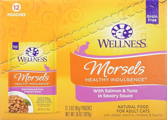 Wellness Healthy Indulgence Natural Grain Free Morsels with Salmon & Tuna in Savory Sauce Wet Cat Food, 3 oz., Case of 12