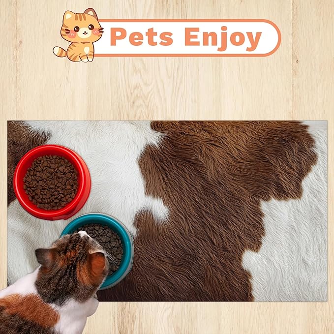 Cow Fur Dog Food Mat for Floors Absorbent Dog Bowl Mat for Food and Water Dispenser Quick Dry Cat Food Placemat Pet Supplies 16" x 24", Cow Print