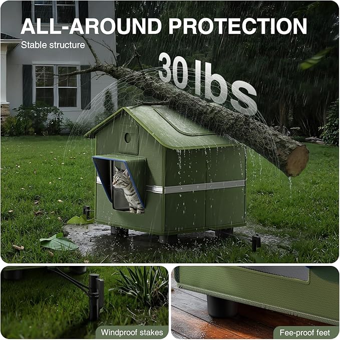 Outdoor Cat House for Outside with Elevated Base Cat-Attracting Eave Design and Cat Toys Feral Stray Shelter Weatherproof in Garage Yard Porch (Dual Camera Ports)