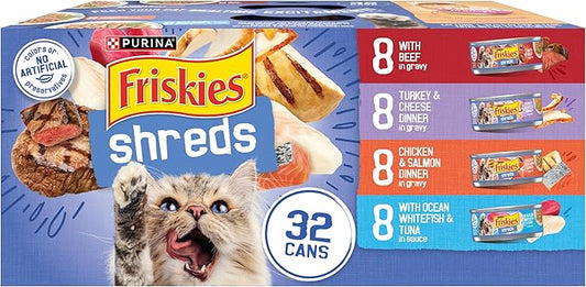 Purina Friskies Gravy Wet Cat Food Variety Pack, Savory Shreds With Beef, Turkey and Cheese Dinner, Chicken and Salmon Dinner, With Ocean Whitefish and Tuna - (Pack of 32) 5.5 oz. Cans