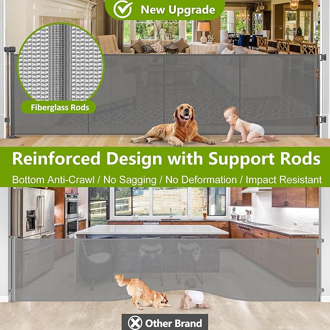 Reinforced 42" Tall Retractable Dog Gate Mesh Baby Fence Gate, 16 Ft Long Baby Gates Indoor Extra Long Gates for Kids or Pets, Outdoor Retractable Gate with Support Rods - Prevent Crawling Under, Gray