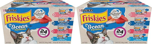 Friskies Purina Ocean Favorites Wet Cat Food Pate and Meaty Bits Variety Pack with Salmon and Tuna - 5.5 oz. Cans,(Pack of 48)
