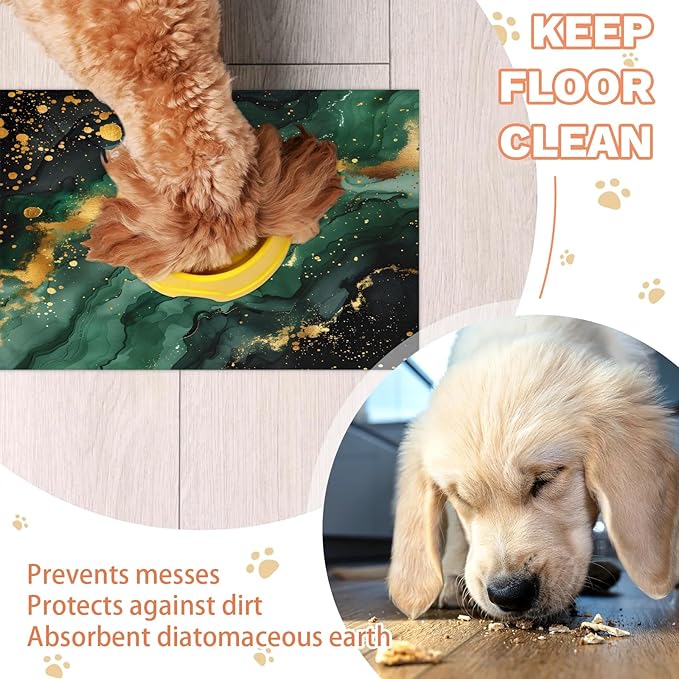 Green Marble Dog Food Mat for Floors Absorbent, Quick Dry Water Dispenser Mat for Food, Water, Pet Supplies 24" x 32", Modern Abstract