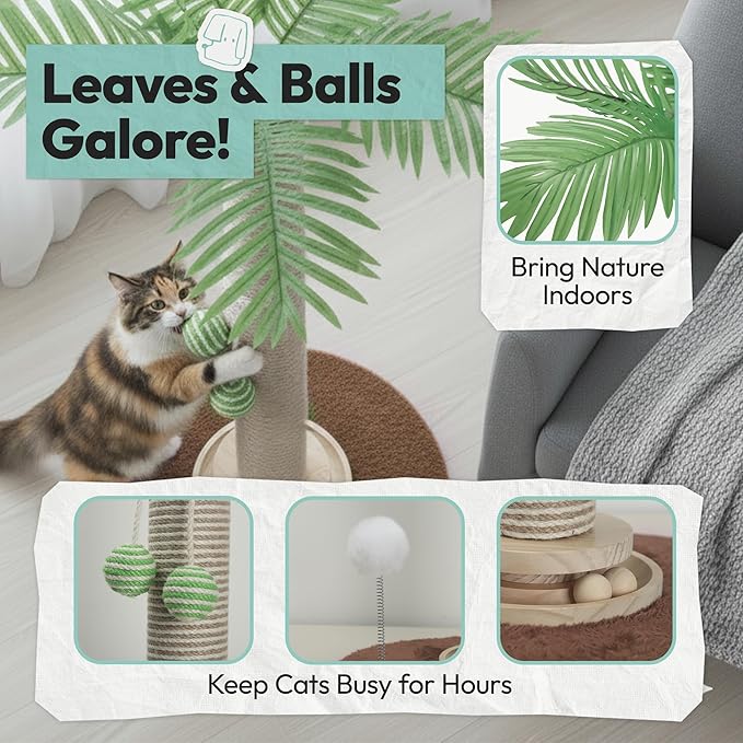 Cat Scratching Post 34 Inch with Rotating Turntable and Removable Hanging Ball, Cat Scratcher for Indoor Cats, Ultra Stable Base, Paw-FGreen Baseriendly Jute Material, Brown Base