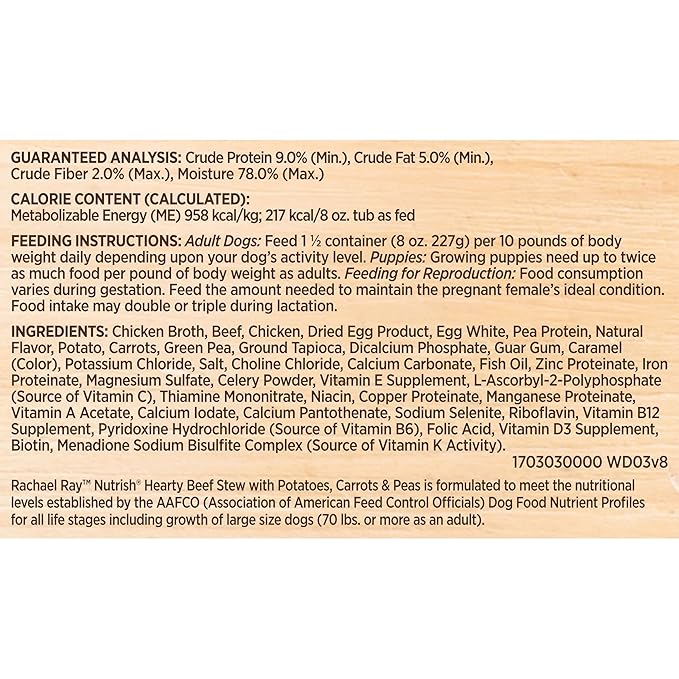Rachael Ray Nutrish Premium Natural Wet Dog Food, Hearty Beef Stew Recipe, 8 Ounce Tub (Pack of 4)