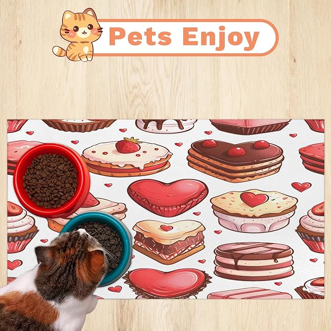 Dessert Theme Dog Food Mat for Floors Absorbent Dog Bowl Mat for Food and Water Dispenser Quick Dry Cat Food Placemat Pet Supplies 12" x 20", Valentine's Day Cake