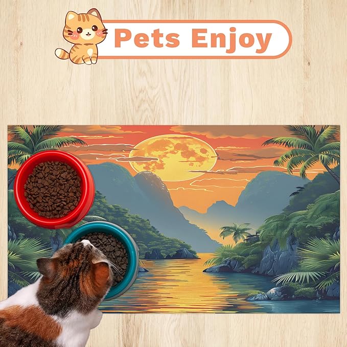 Sea Mountain Dog Food Mat for Floors Absorbent, Quick Dry Water Dispenser Mat for Food, Water, Pet Supplies 24" x 32", Palm Tree