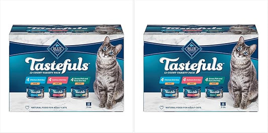 Blue Buffalo Tastefuls Natural Pate Wet Cat Food Variety Pack,Salmon,Chicken,Ocean Fish & Tuna Entrées 3-oz Cans (- 4 of Each Flavor),(Pack of 24)