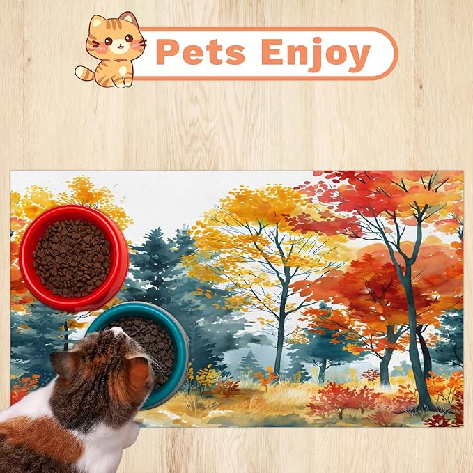 Fall Forest Dog Food Mat for Floors Absorbent, Quick Dry Water Dispenser Mat for Food, Water, Pet Supplies 16" x 24", Maple Tree