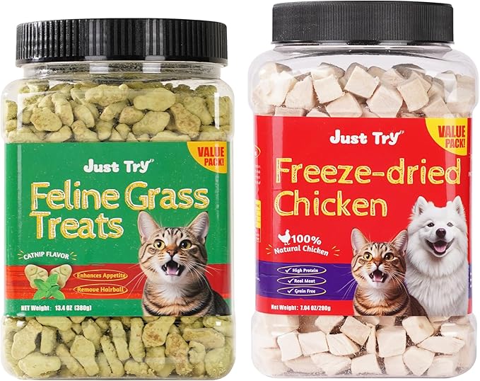 Just Try 13.4 OZ Cat Grass Treats Hairball Control + 7.05 oz Freeze Dried Chicken Cat & Dog Treats Raw Single Ingredient Food Topper