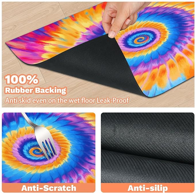 Tie Dye Dog Food Mat for Floors Absorbent, Quick Dry Water Dispenser Mat for Food, Water, Pet Supplies 24" x 32", Watercolor Rainbow