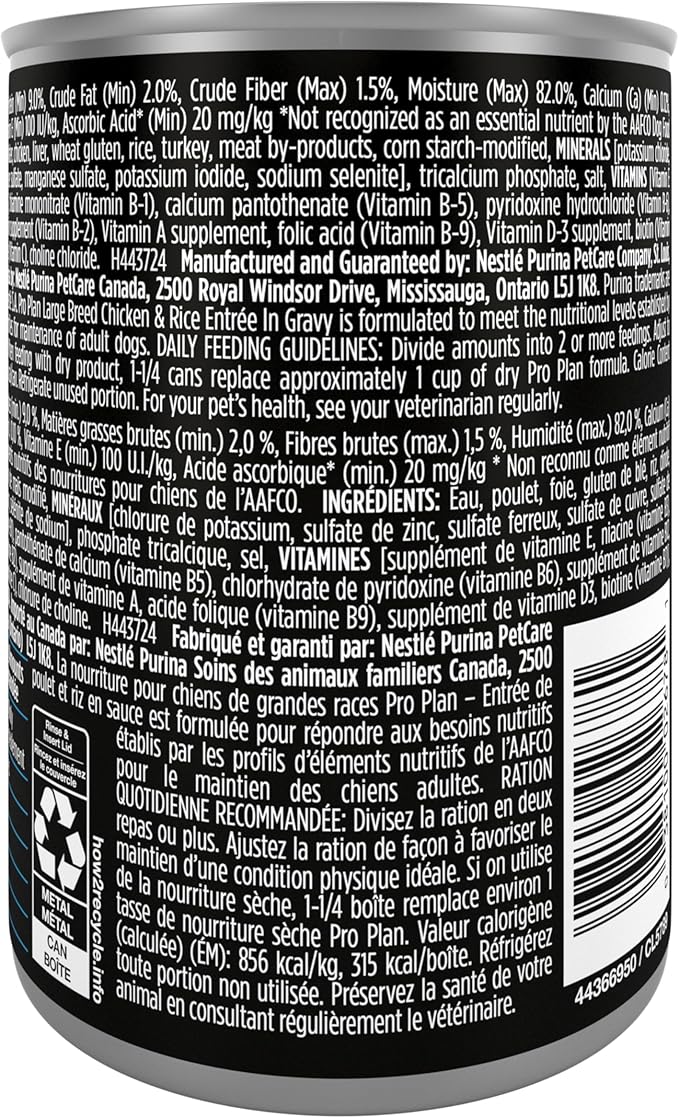 Purina Pro Plan Gravy Wet Dog Food for Large Dogs,Large Breed,Chicken and Rice Entrée - 13 oz. Cans,(Pack of 24)