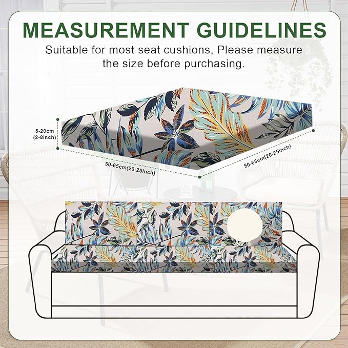 HANDONTIME 8Pcs Outdoor Patio Cushion Covers Leaves Palms Stretch Couch Cushion Cover Patio Couch Slipcover for Outdoor/Indoor Washable Non-Slip Furniture Protector for Pet (Blue, Cover Only)