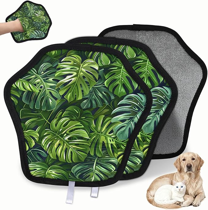 Reusable Pet Hair Removal Glove Lush Palm Leaves Magic Brush for Cat & Dog Hair Remover for Car, Sofa, Bedding, Clothes - 9x9 Mitt Washable