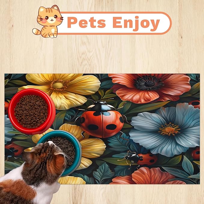Ladybird Dog Food Mat for Floors Absorbent, Quick Dry Water Dispenser Mat for Food, Water, Pet Supplies 24" x 32", Spring Flower
