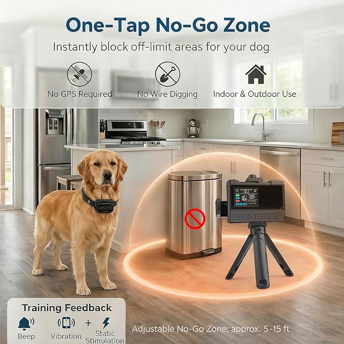 Wireless Dog Fence – Precise Signal 3-in-1 Boundary, Training & No-Go Zone System, Up to 1 Acre Circular Coverage, Waterproof Collar, Indoor & Yard Use, Fits 10–120 lb Dogs