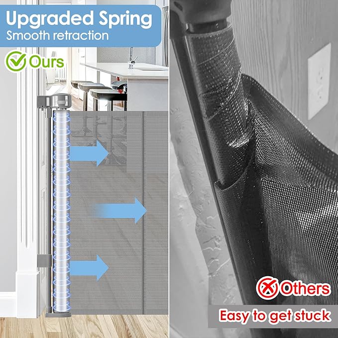 Reinforced Retractable Baby Gates with Support Rods, Retractable Gate for Babies and Pets Prevent Bottom Crawling Through, Extends up to 55” Wide, Mesh Dog Gate for The House Indoor Outdoor, Gray