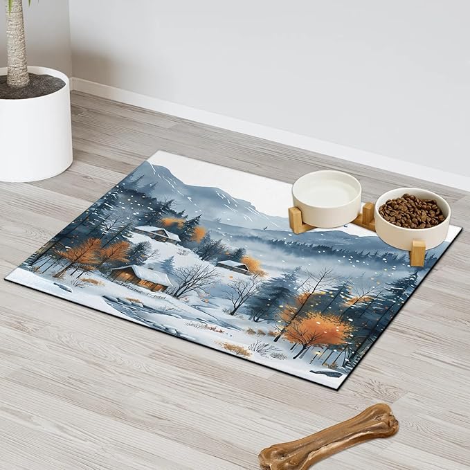 Village Dog Food Mat for Floors Absorbent, Quick Dry Water Dispenser Mat for Food, Water, Pet Supplies 16" x 24", Forest